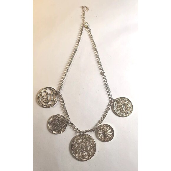 5 Gold Toned  Floral Discs Designs Necklace 20" Charms Chain Shiny Adjustable - Picture 2 of 5